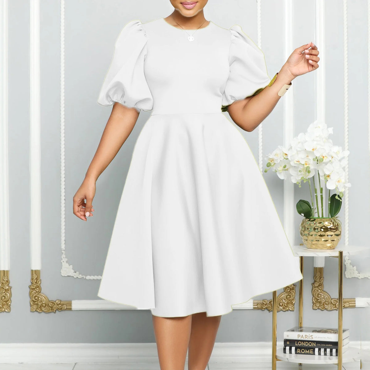 O-Neck Pleated Party Dress – Short Sleeve High-Waisted Mid-Calf Birthday Dinner Dress