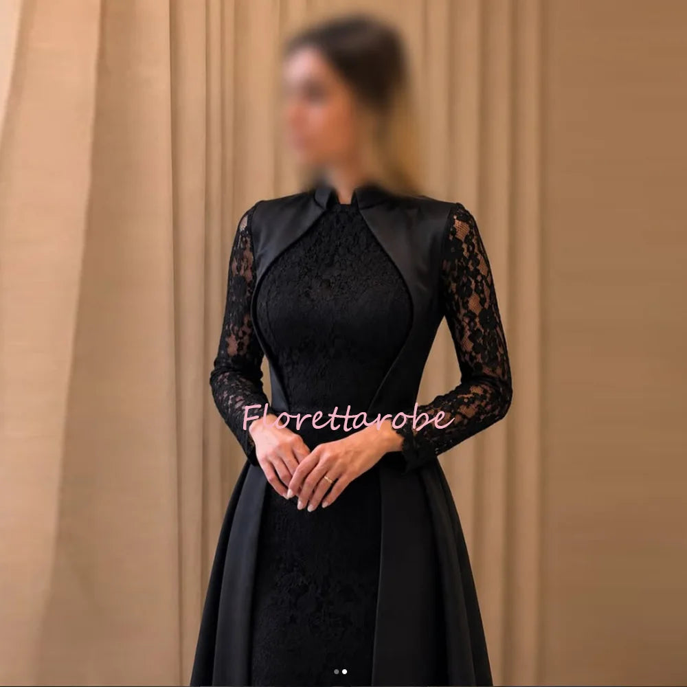 Satin Evening Dress – High Neck Long Lace Sleeve Wedding Guest Prom Gown