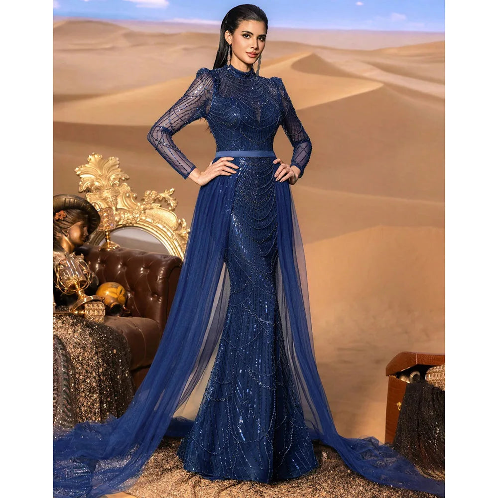 Long Sleeve Mermaid Wedding Evening Gown – Sequined with Detachable Train
