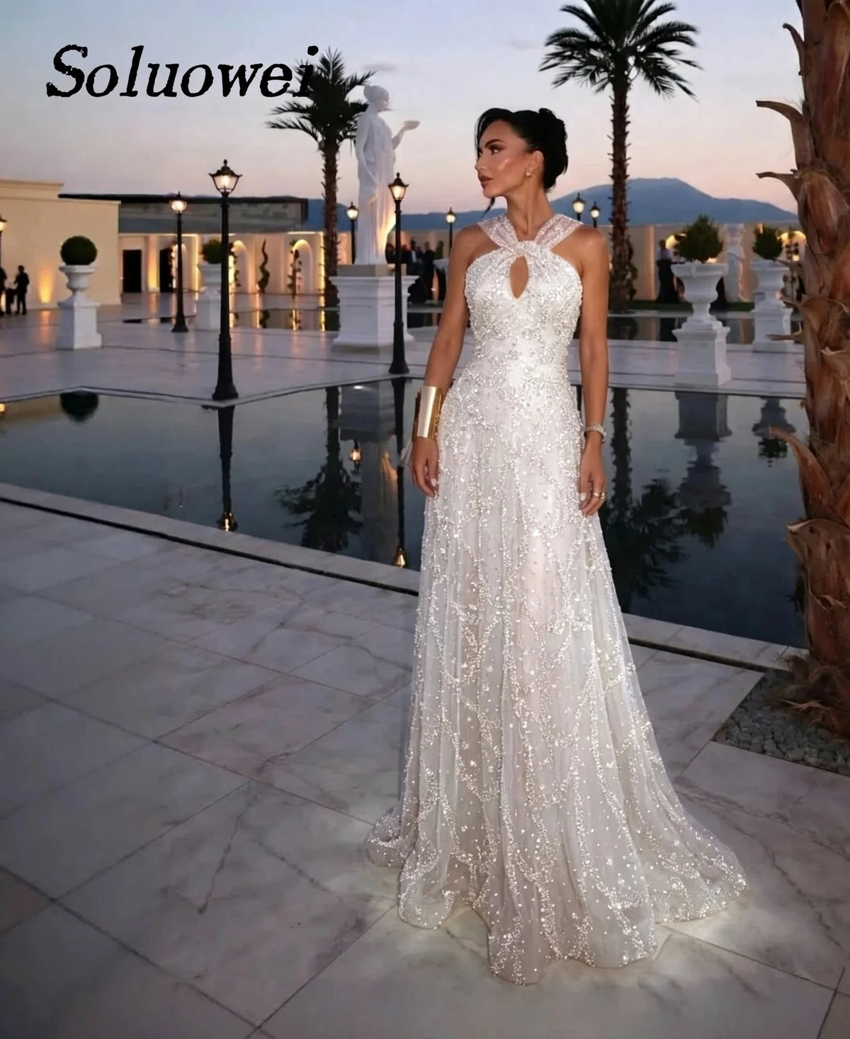 Beaded Halter Evening Gown – Criss-Cross Sequin A-Line Floor-Length Prom Dress