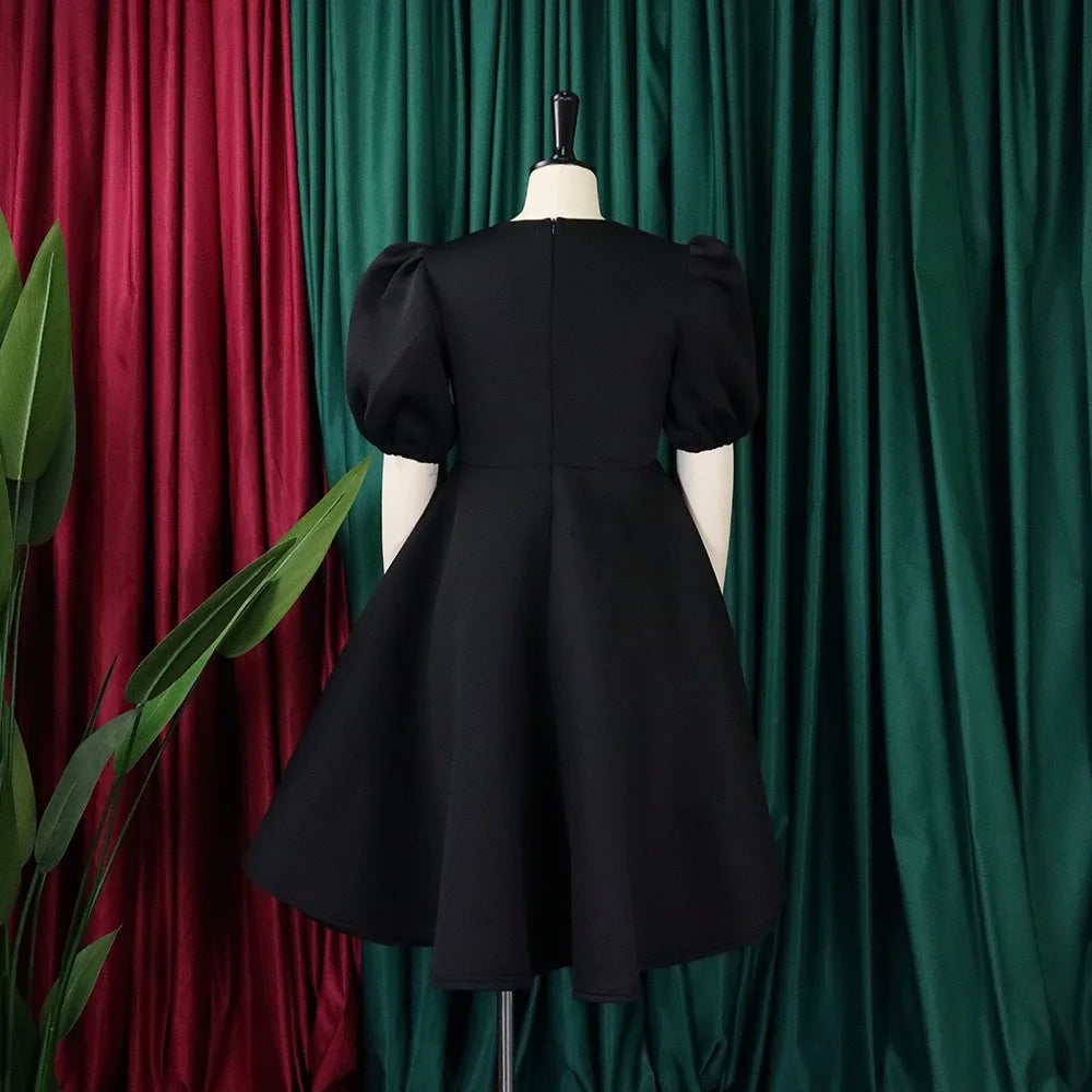 O-Neck Pleated Party Dress – Short Sleeve High-Waisted Mid-Calf Birthday Dinner Dress