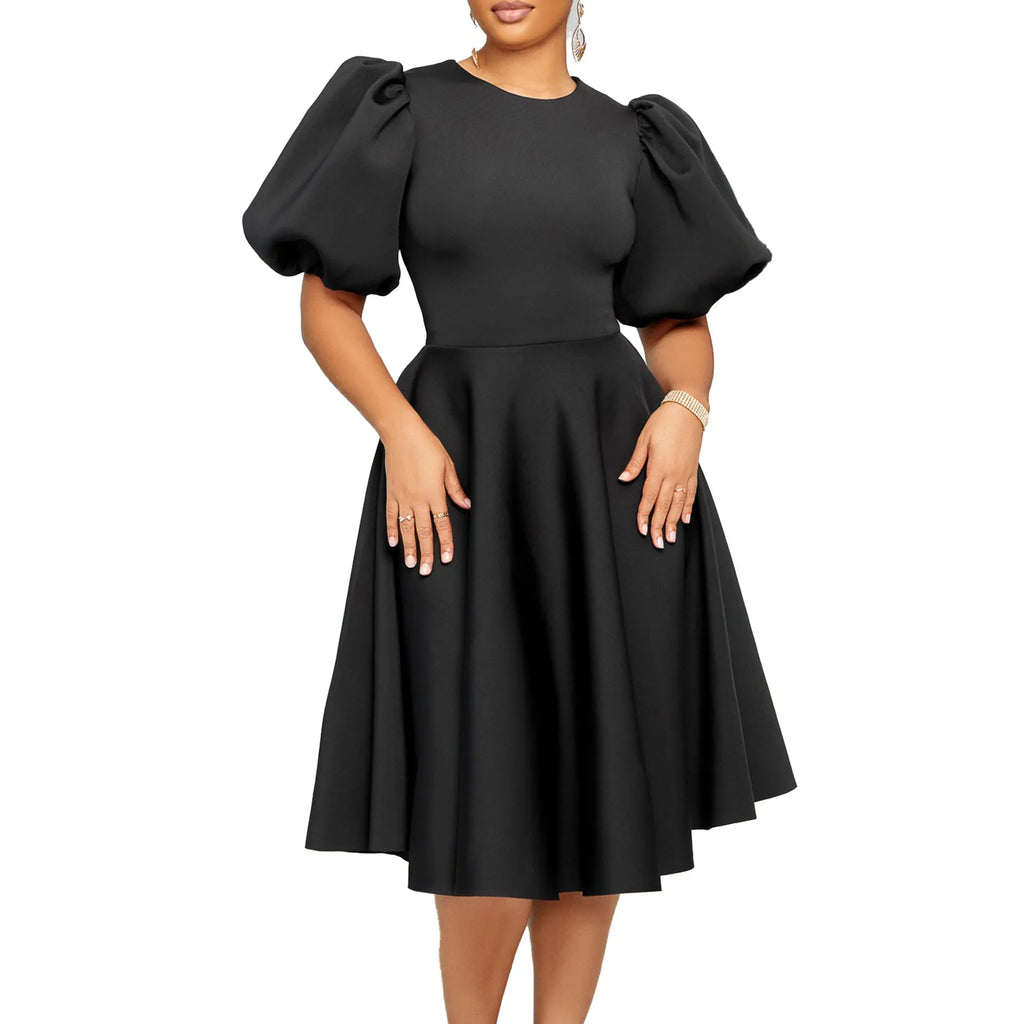 O-Neck Pleated Party Dress – Short Sleeve High-Waisted Mid-Calf Birthday Dinner Dress