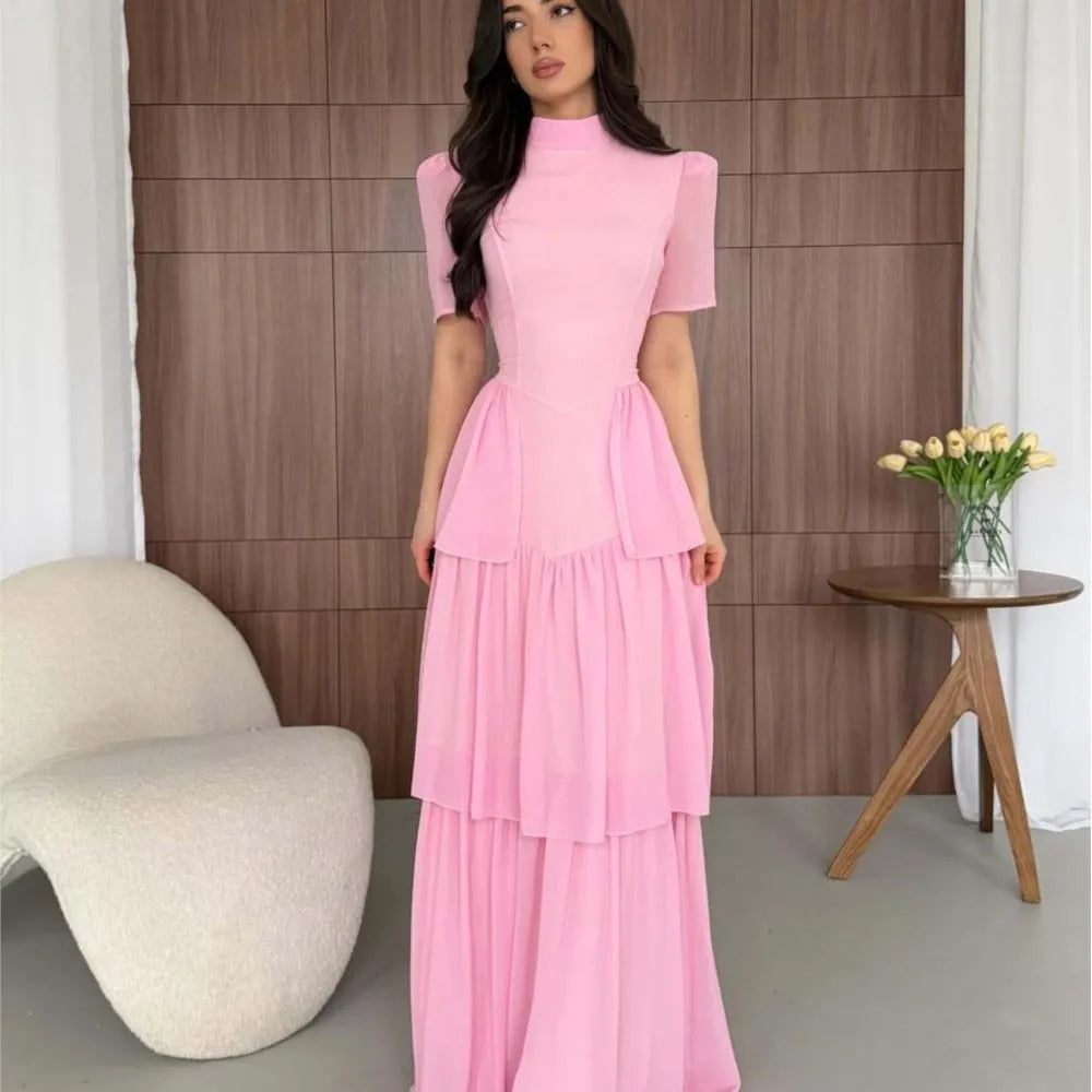 Women's Pleated Mid-Calf Dress – Short Sleeve Slim Fit Solid Color Dress