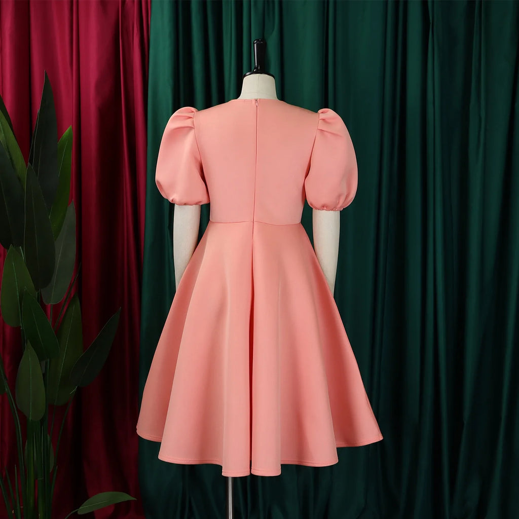O-Neck Pleated Party Dress – Short Sleeve High-Waisted Mid-Calf Birthday Dinner Dress