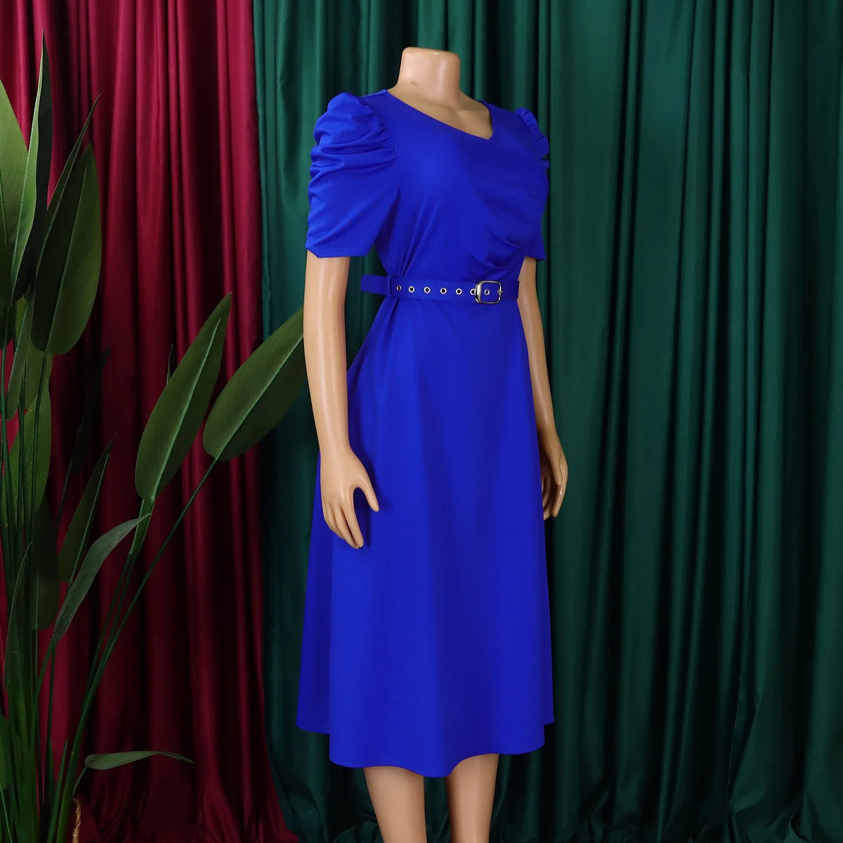 V-Neck Pleated Party Dress – Short Sleeve Belted Mid-Calf Birthday Dinner Dress