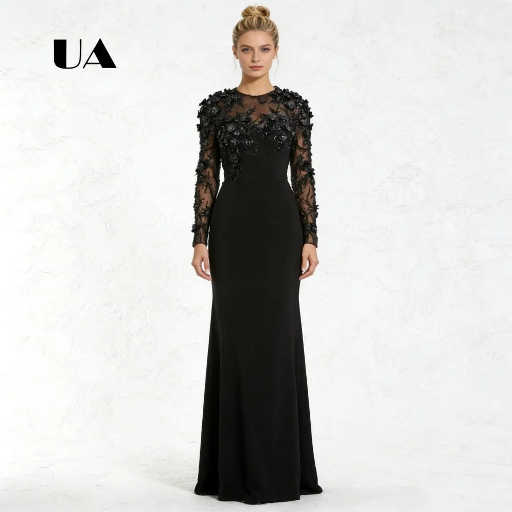 Mermaid Prom Dress with Flower Appliqués – O-Neck Evening Gown with Back Slit