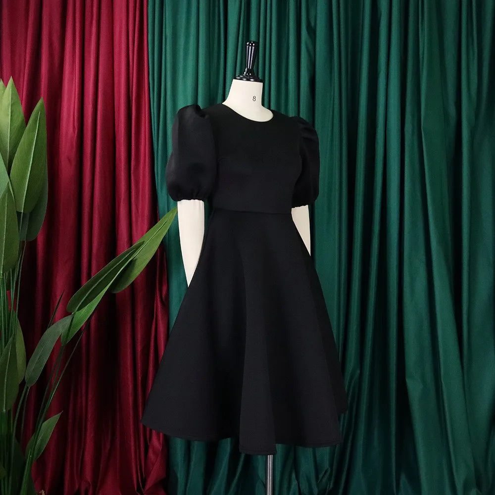 O-Neck Pleated Party Dress – Short Sleeve High-Waisted Mid-Calf Birthday Dinner Dress