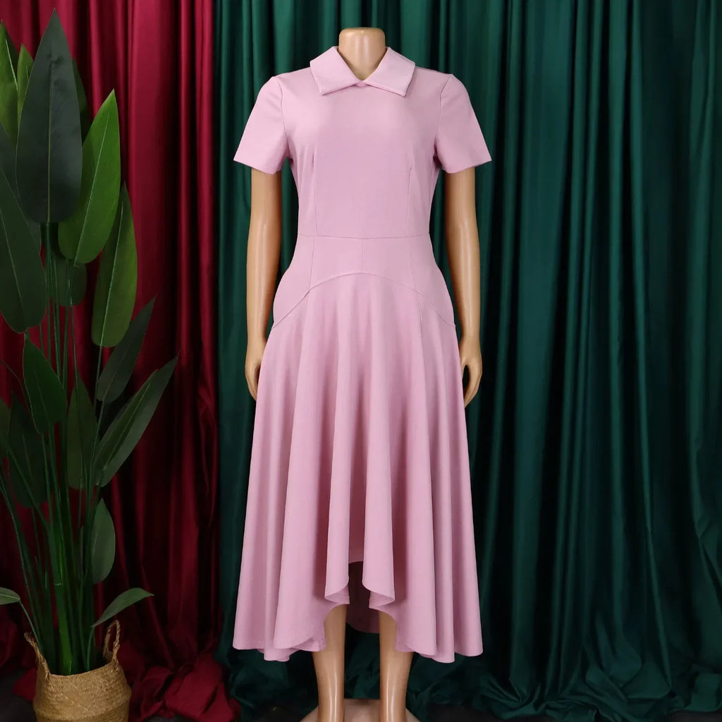 Modest African-Style Church Dress – Pleated A-Line, Short Sleeve