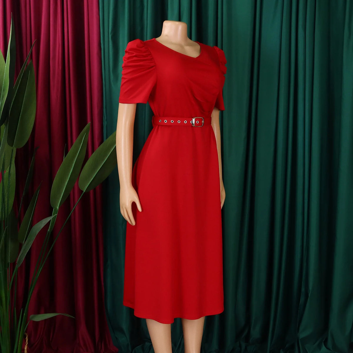 V-Neck Pleated Party Dress – Short Sleeve Belted Mid-Calf Birthday Dinner Dress