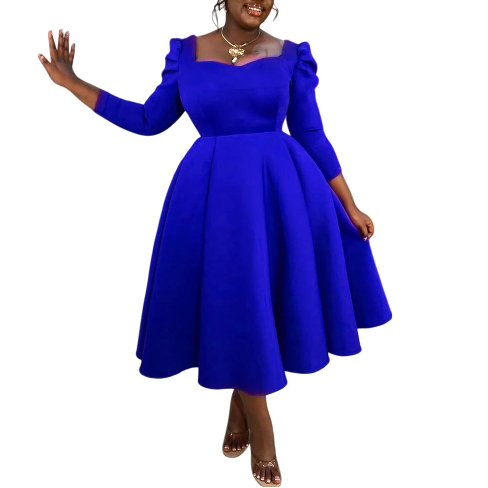Square-Neck Pleated Wedding Guest Dress – Long Sleeve High-Waisted Mid-Calf