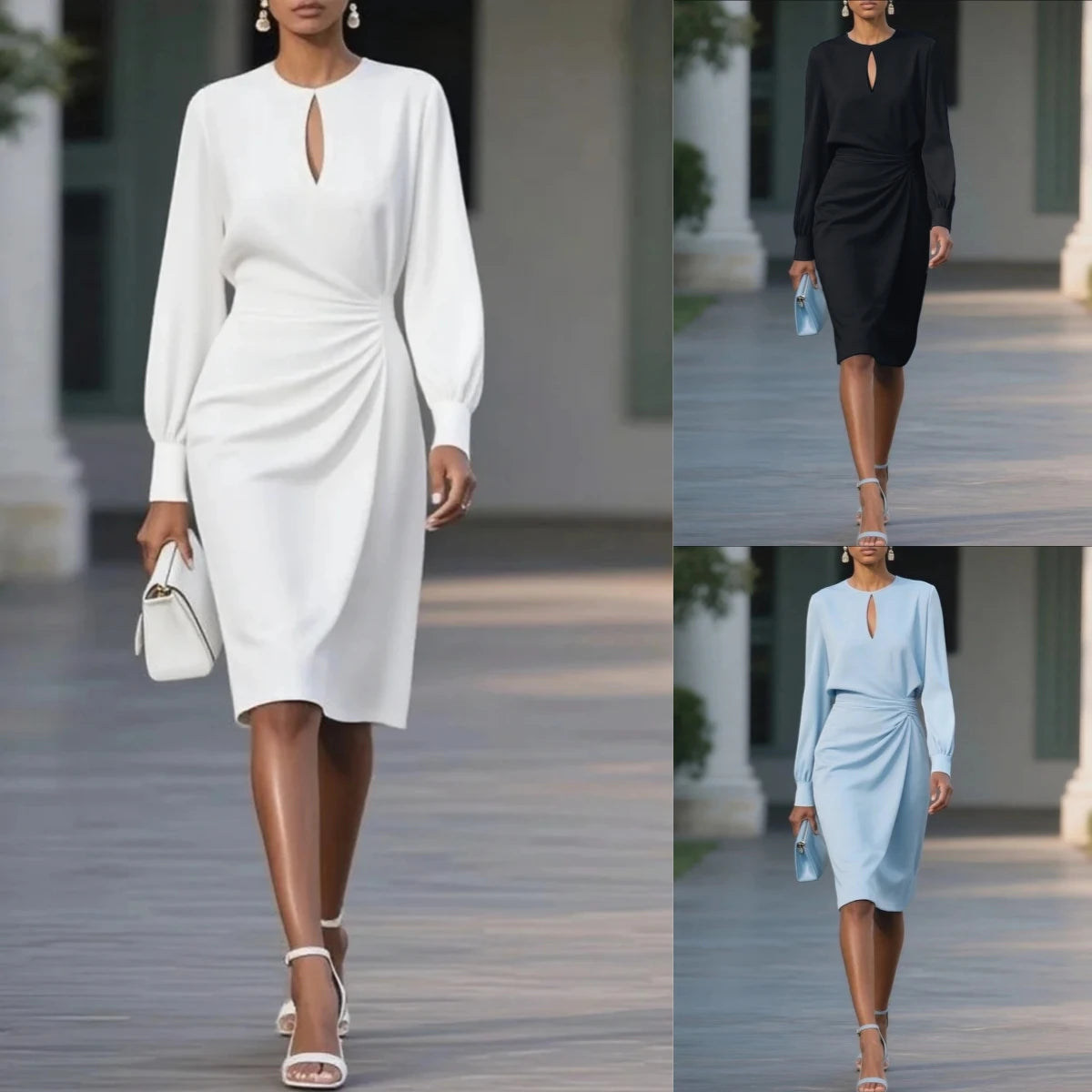 Hollow-Out O-Neck Office Dress – Long Sleeve Slim A-Line Party Dress