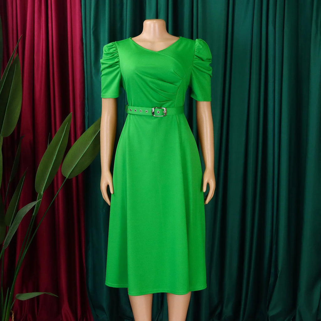 V-Neck Pleated Party Dress – Short Sleeve Belted Mid-Calf Birthday Dinner Dress