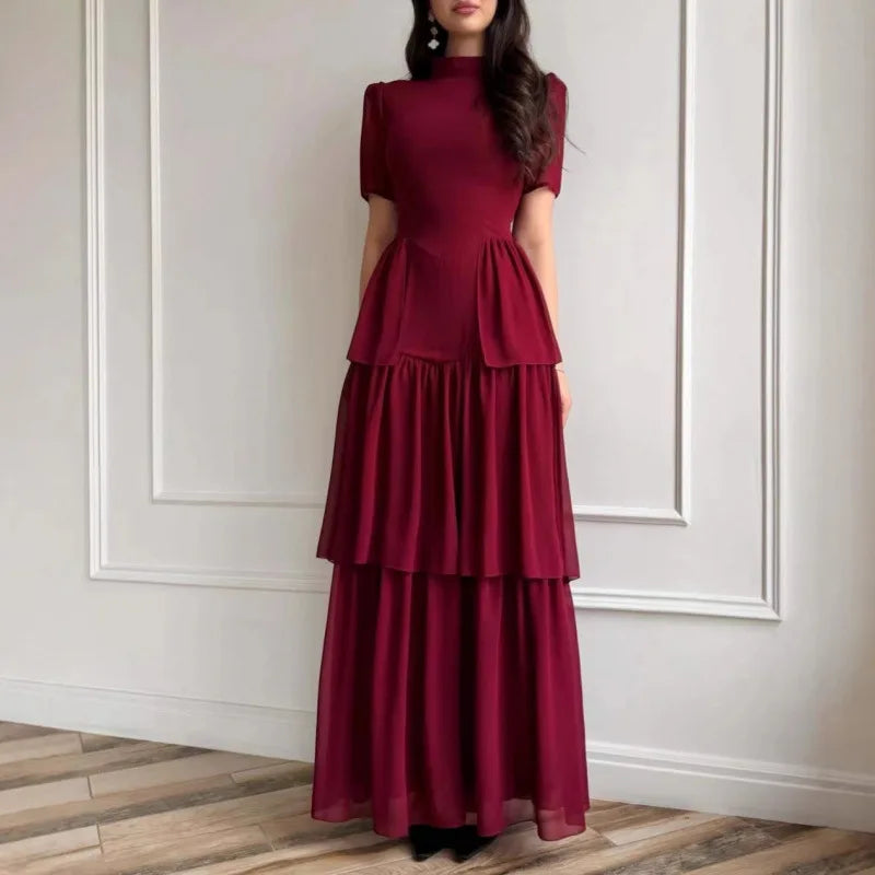 Women's Pleated Mid-Calf Dress – Short Sleeve Slim Fit Solid Color Dress
