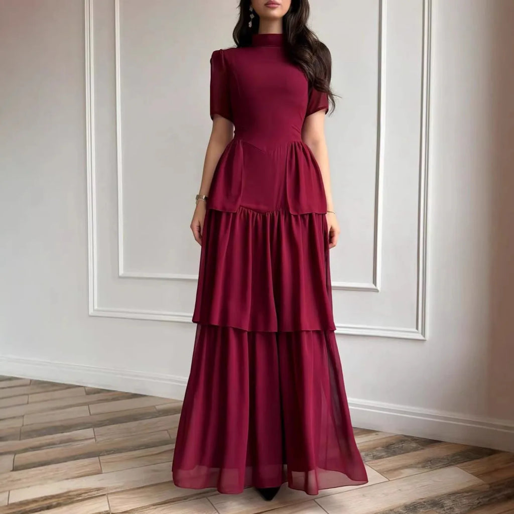 Women's Pleated Mid-Calf Dress – Short Sleeve Slim Fit Solid Color Dress