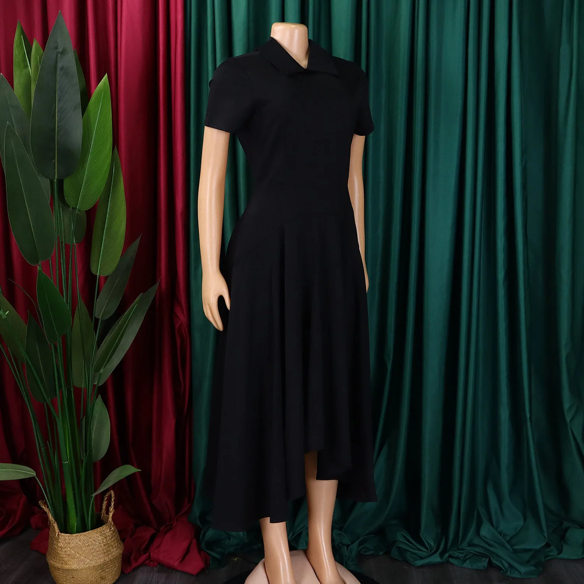 Modest African-Style Church Dress – Pleated A-Line, Short Sleeve