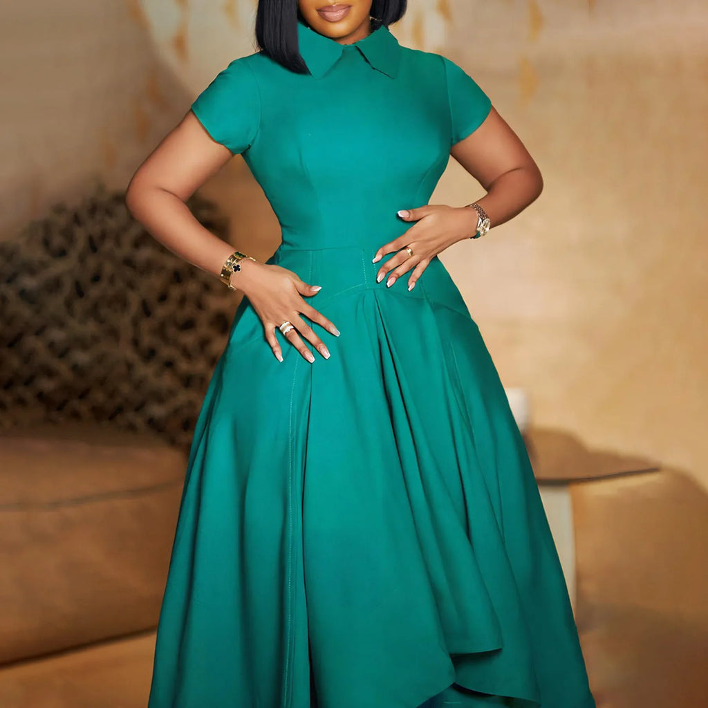 Modest African-Style Church Dress – Pleated A-Line, Short Sleeve