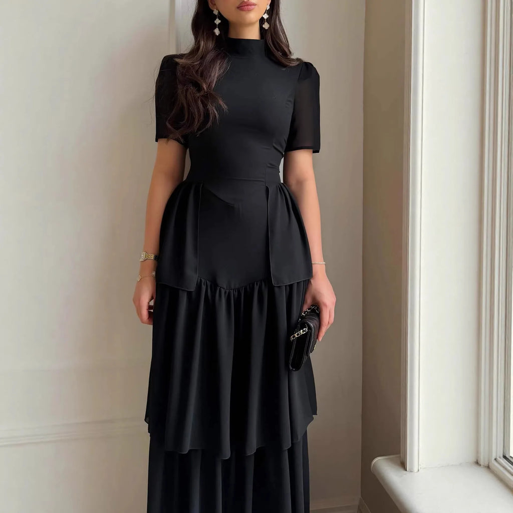 Women's Pleated Mid-Calf Dress – Short Sleeve Slim Fit Solid Color Dress