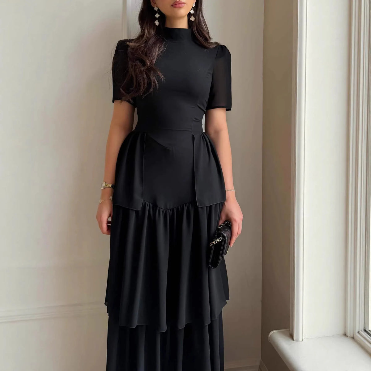 Women's Pleated Mid-Calf Dress – Short Sleeve Slim Fit Solid Color Dress