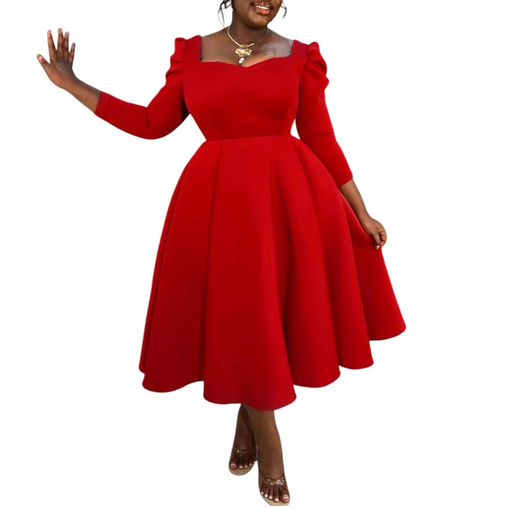 Square-Neck Pleated Wedding Guest Dress – Long Sleeve High-Waisted Mid-Calf