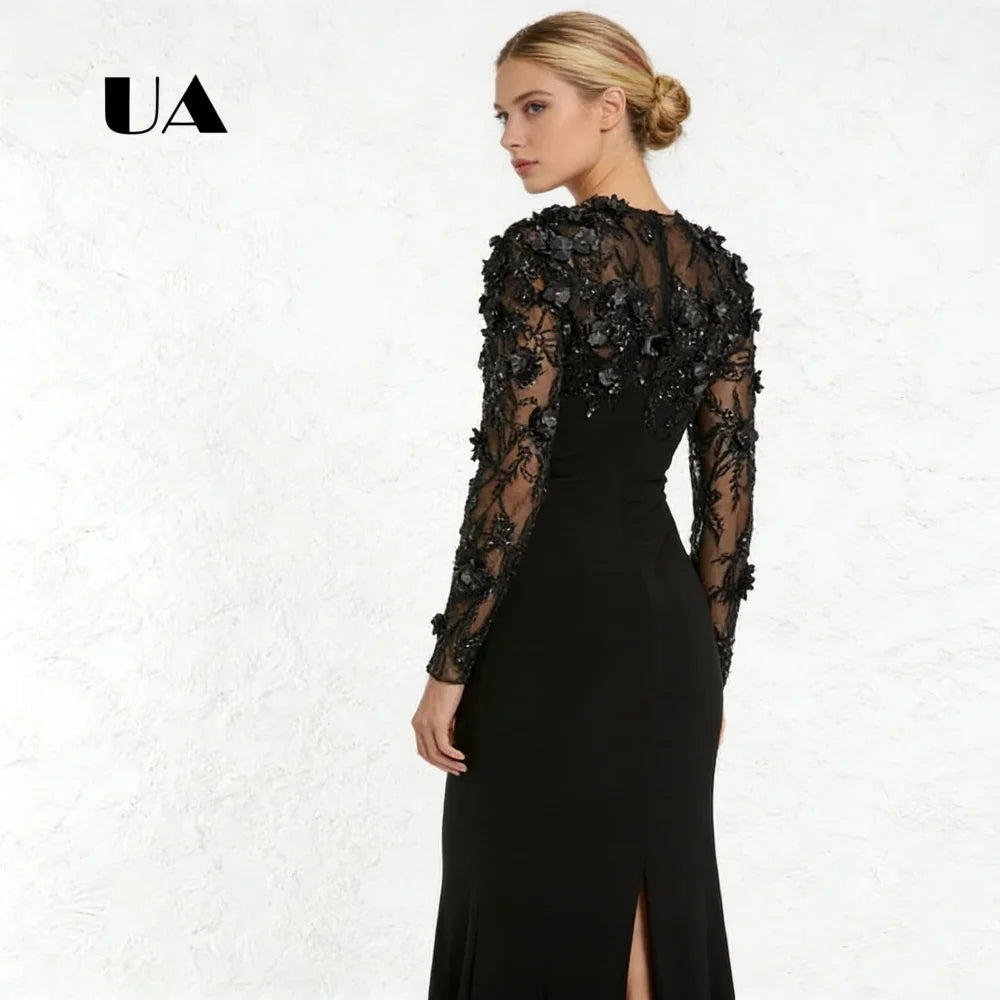 Mermaid Prom Dress with Flower Appliqués – O-Neck Evening Gown with Back Slit