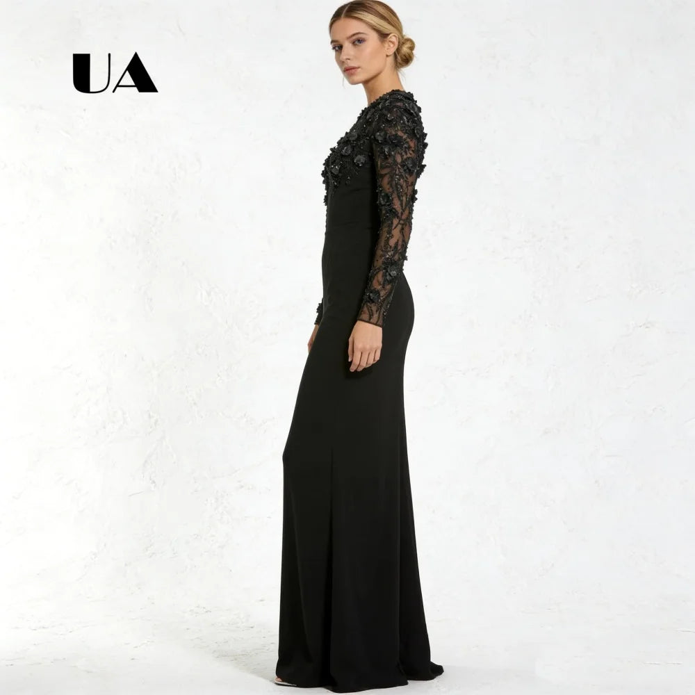 Mermaid Prom Dress with Flower Appliqués – O-Neck Evening Gown with Back Slit