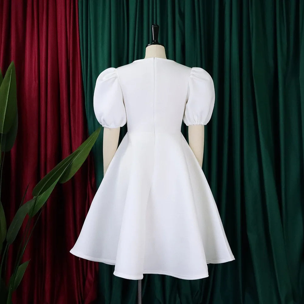 O-Neck Pleated Party Dress – Short Sleeve High-Waisted Mid-Calf Birthday Dinner Dress