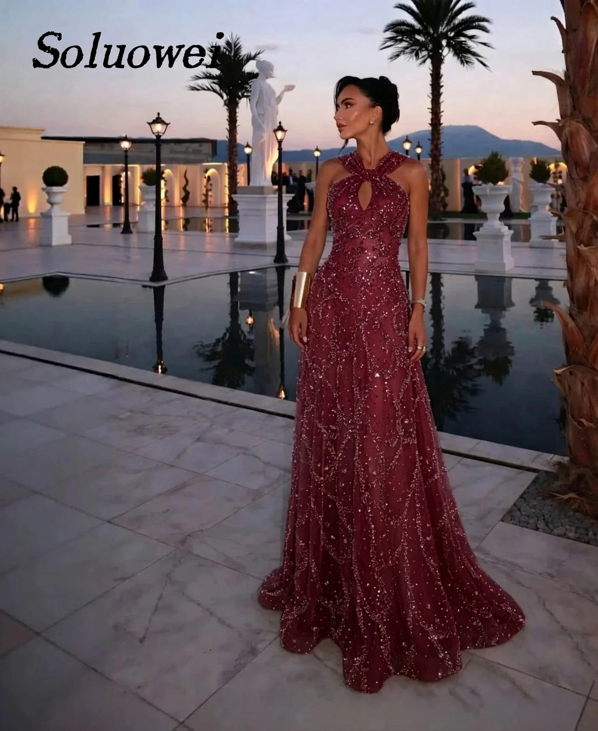 Beaded Halter Evening Gown – Criss-Cross Sequin A-Line Floor-Length Prom Dress