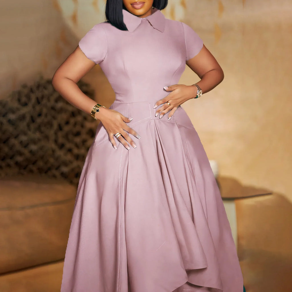 Modest African-Style Church Dress – Pleated A-Line, Short Sleeve