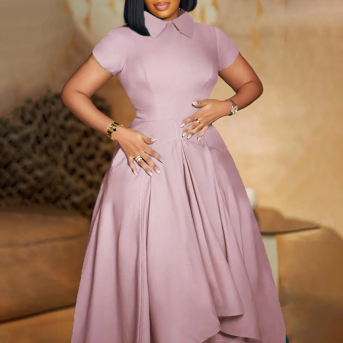 Modest African-Style Church Dress – Pleated A-Line, Short Sleeve