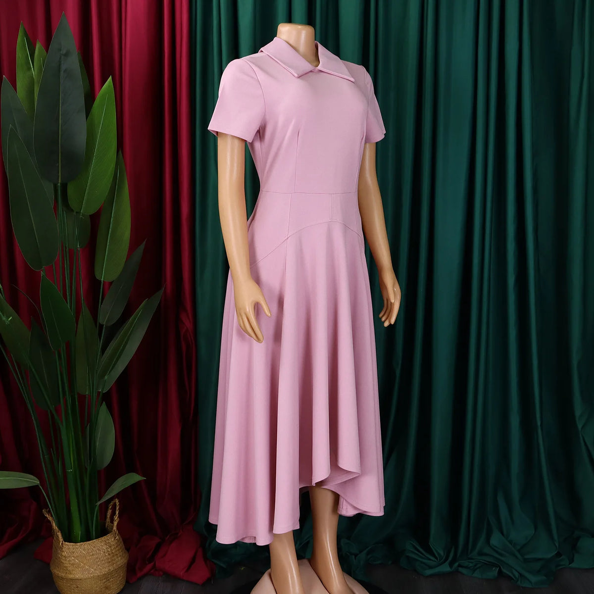 Modest African-Style Church Dress – Pleated A-Line, Short Sleeve