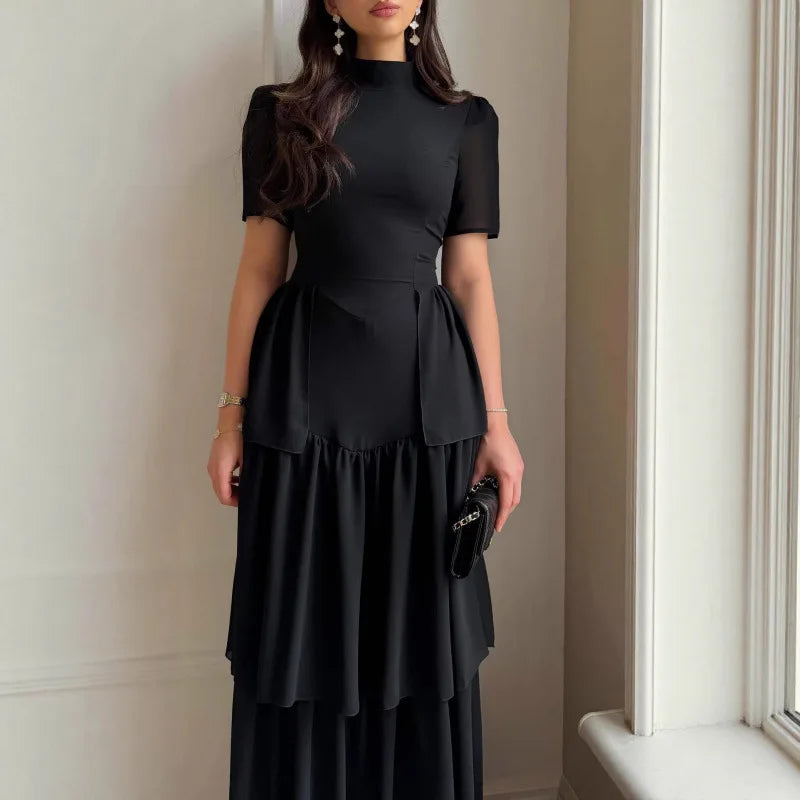Women's Pleated Mid-Calf Dress – Short Sleeve Slim Fit Solid Color Dress