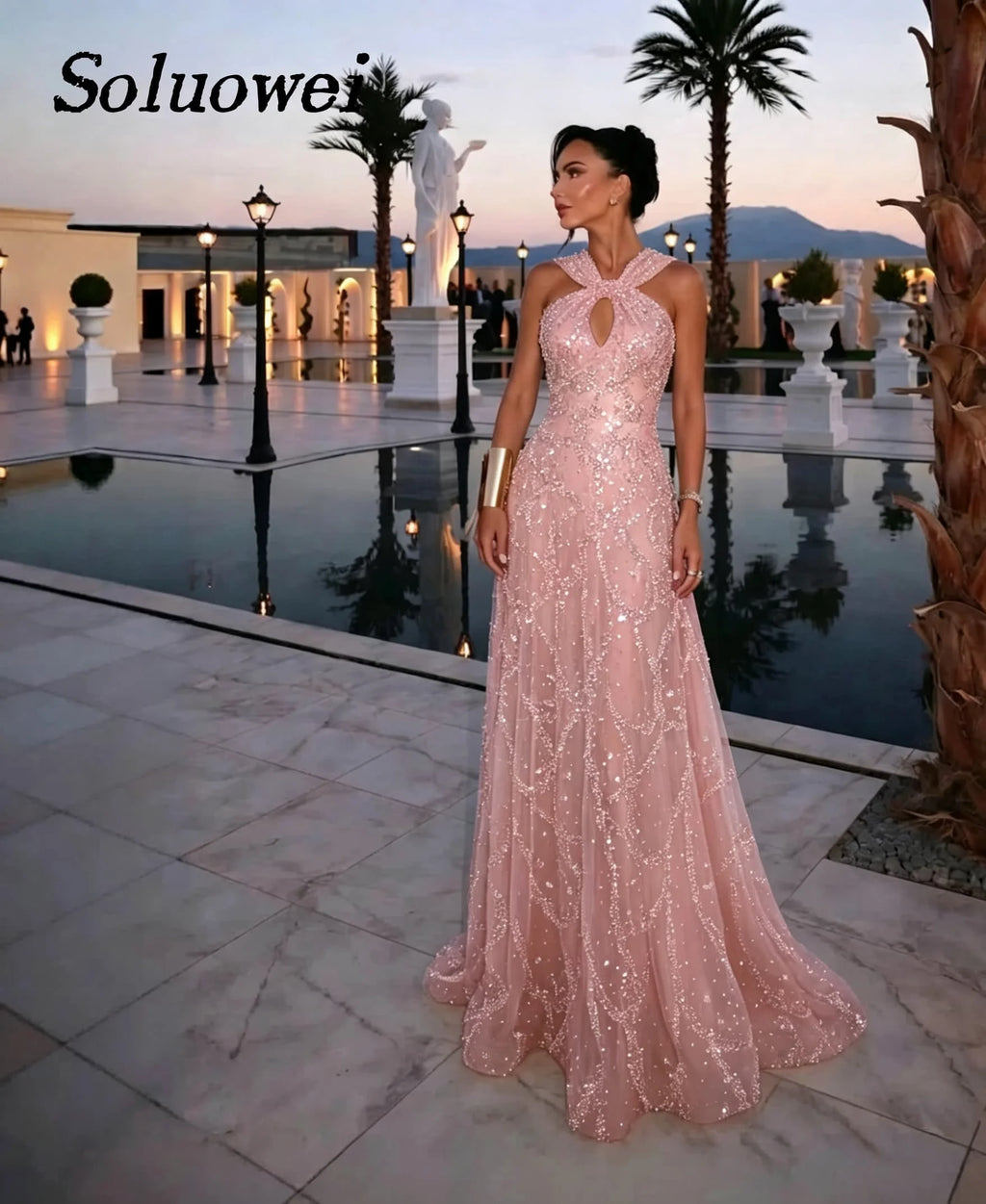 Beaded Halter Evening Gown – Criss-Cross Sequin A-Line Floor-Length Prom Dress