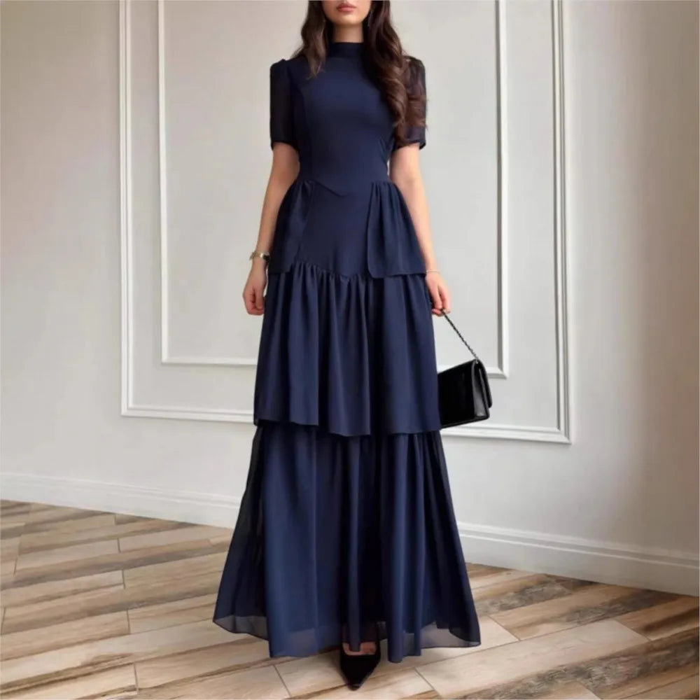 Women's Pleated Mid-Calf Dress – Short Sleeve Slim Fit Solid Color Dress
