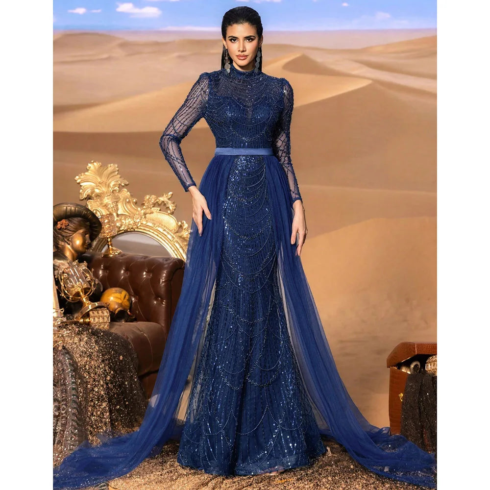 Long Sleeve Mermaid Wedding Evening Gown – Sequined with Detachable Train