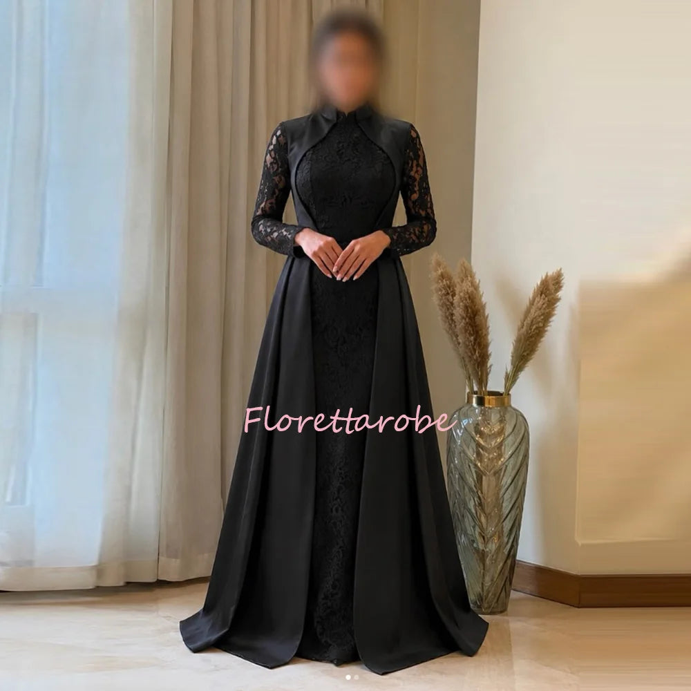 Satin Evening Dress – High Neck Long Lace Sleeve Wedding Guest Prom Gown
