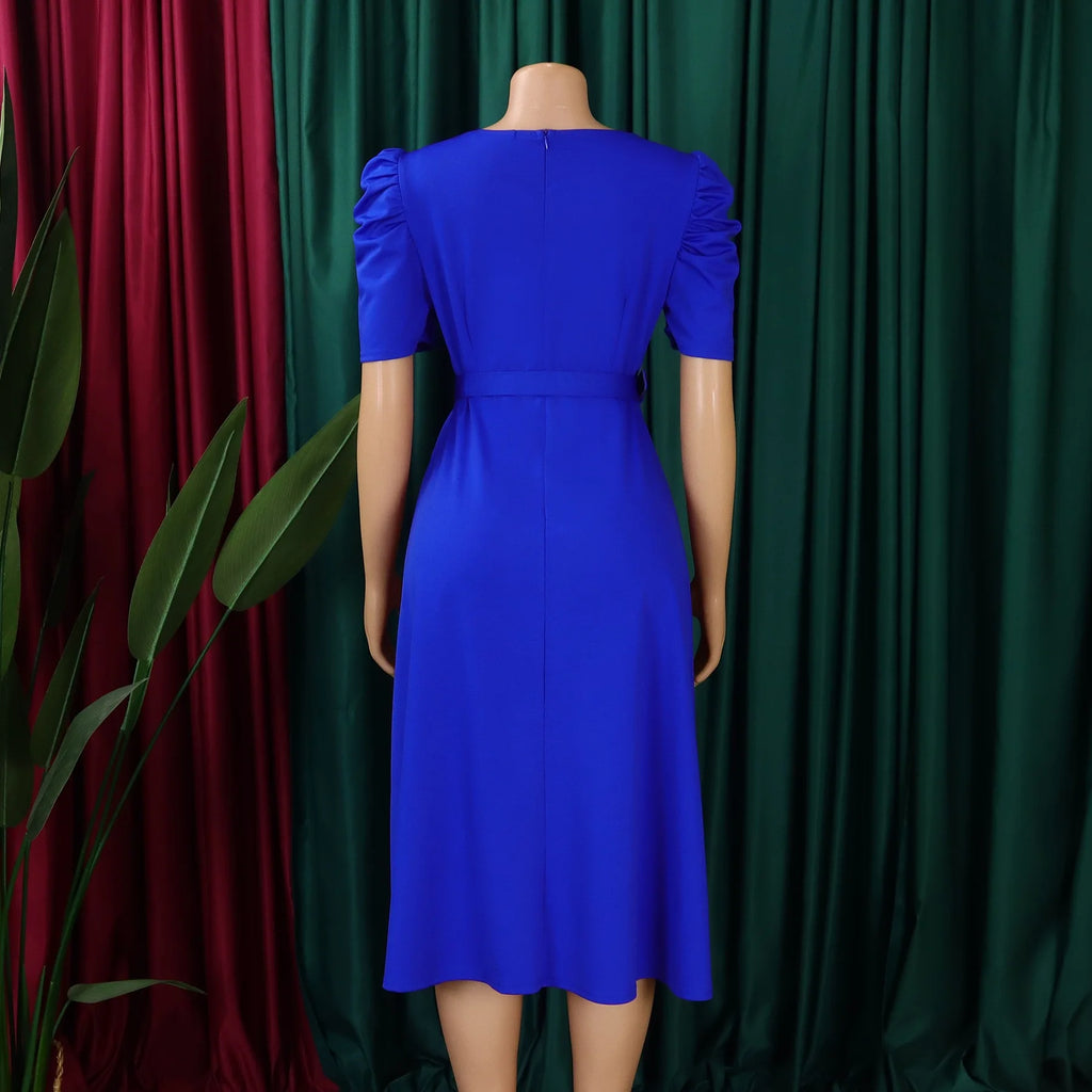 V-Neck Pleated Party Dress – Short Sleeve Belted Mid-Calf Birthday Dinner Dress