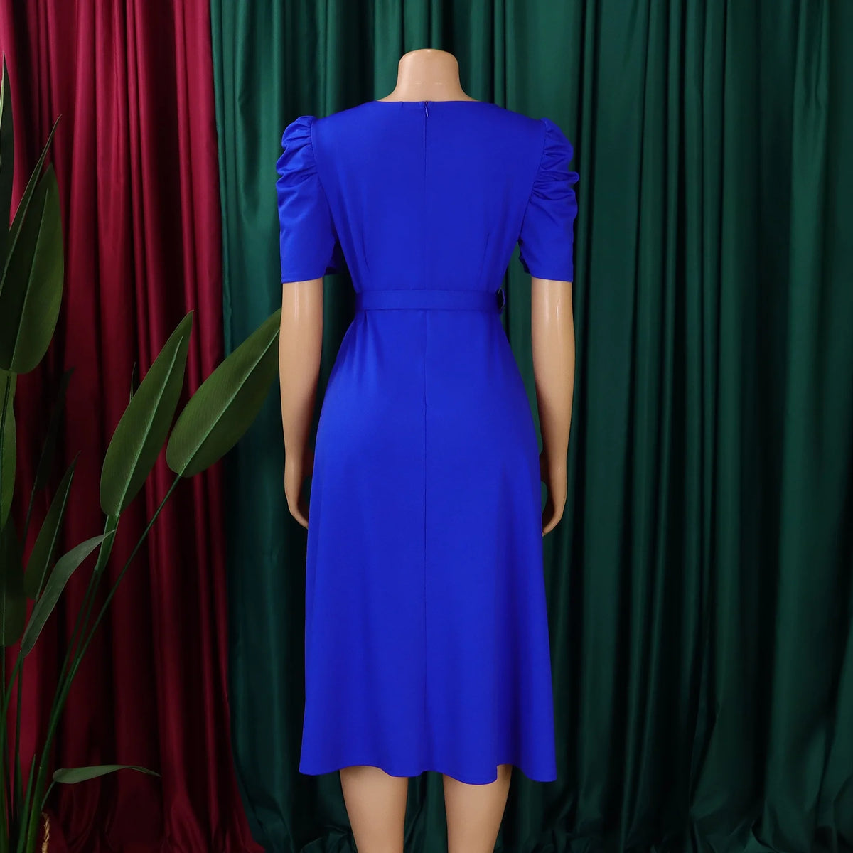 V-Neck Pleated Party Dress – Short Sleeve Belted Mid-Calf Birthday Dinner Dress