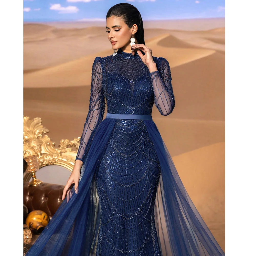 Long Sleeve Mermaid Wedding Evening Gown – Sequined with Detachable Train