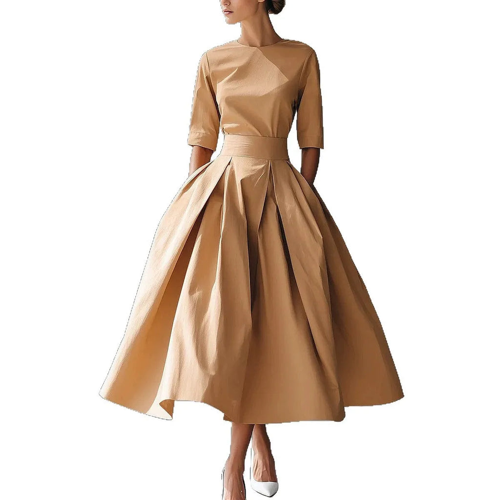 Casual V-Neck Dress – Short Sleeve Solid Color, Spring & Summer