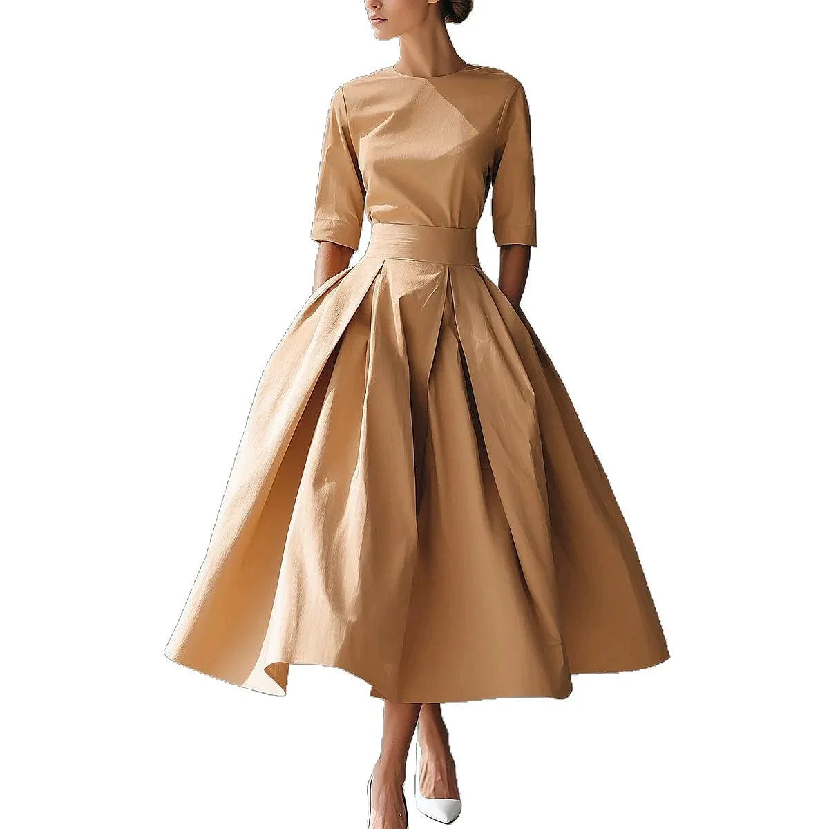 Casual V-Neck Dress – Short Sleeve Solid Color, Spring & Summer