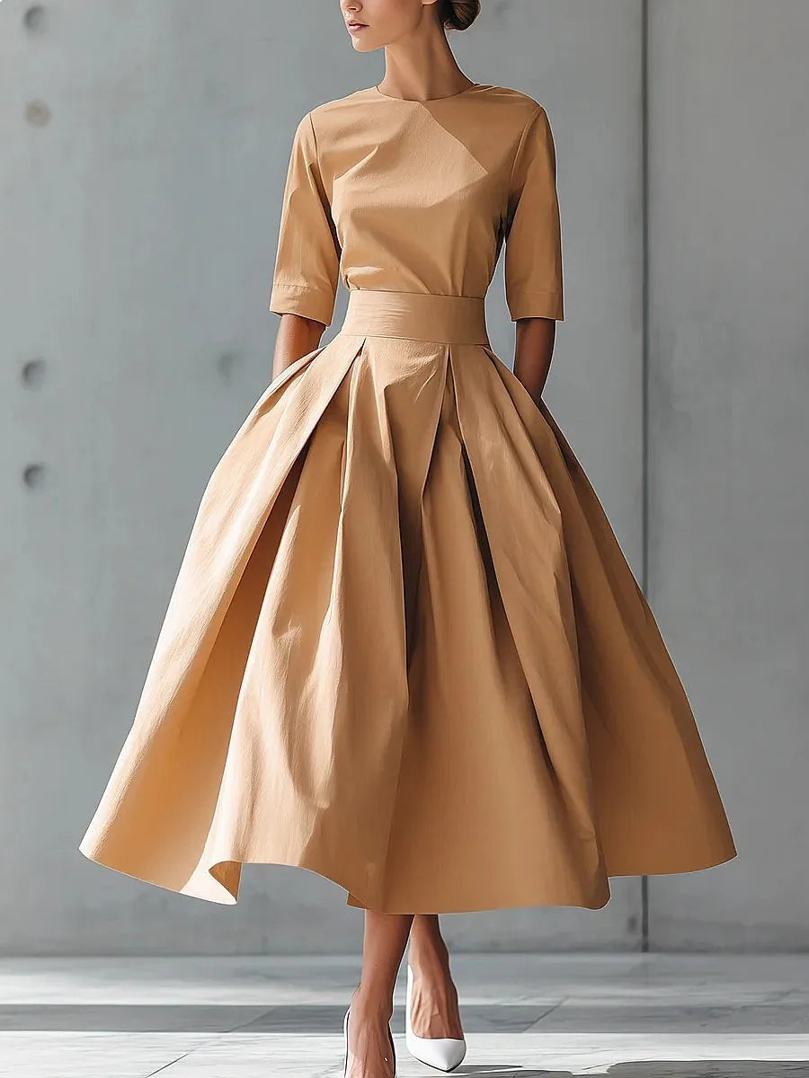Casual V-Neck Dress – Short Sleeve Solid Color, Spring & Summer
