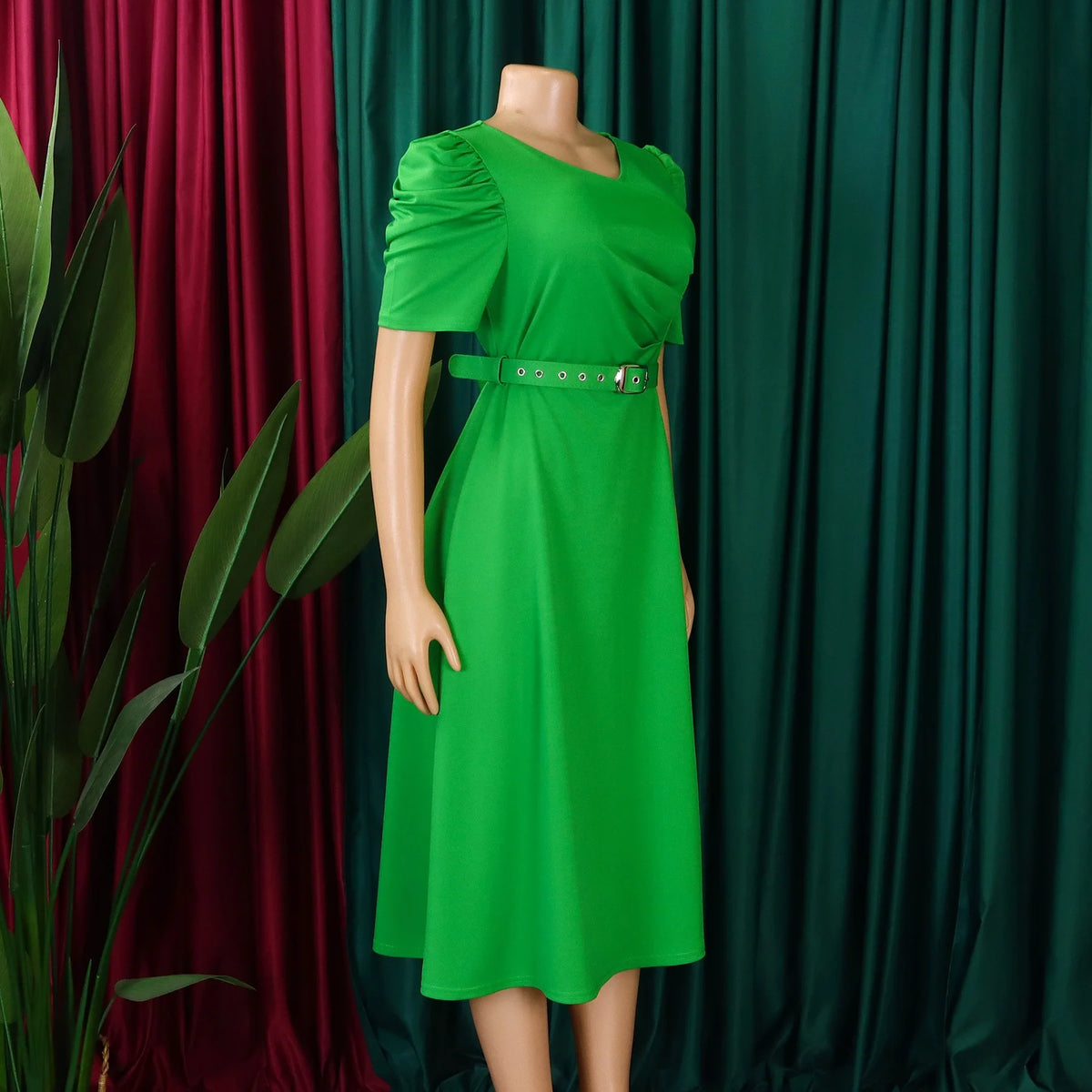 V-Neck Pleated Party Dress – Short Sleeve Belted Mid-Calf Birthday Dinner Dress