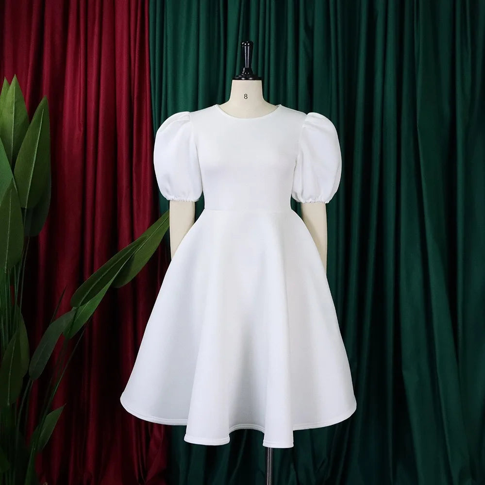O-Neck Pleated Party Dress – Short Sleeve High-Waisted Mid-Calf Birthday Dinner Dress