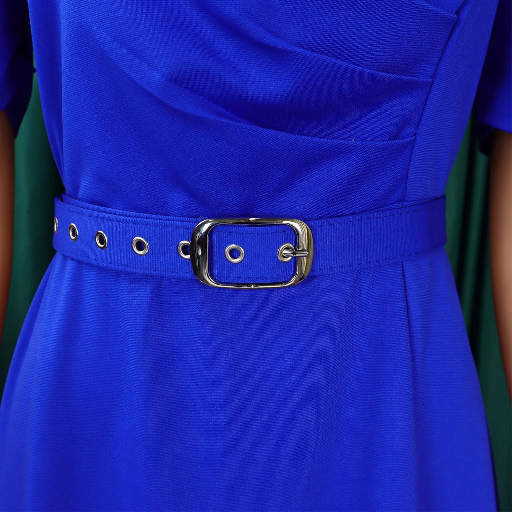 V-Neck Pleated Party Dress – Short Sleeve Belted Mid-Calf Birthday Dinner Dress