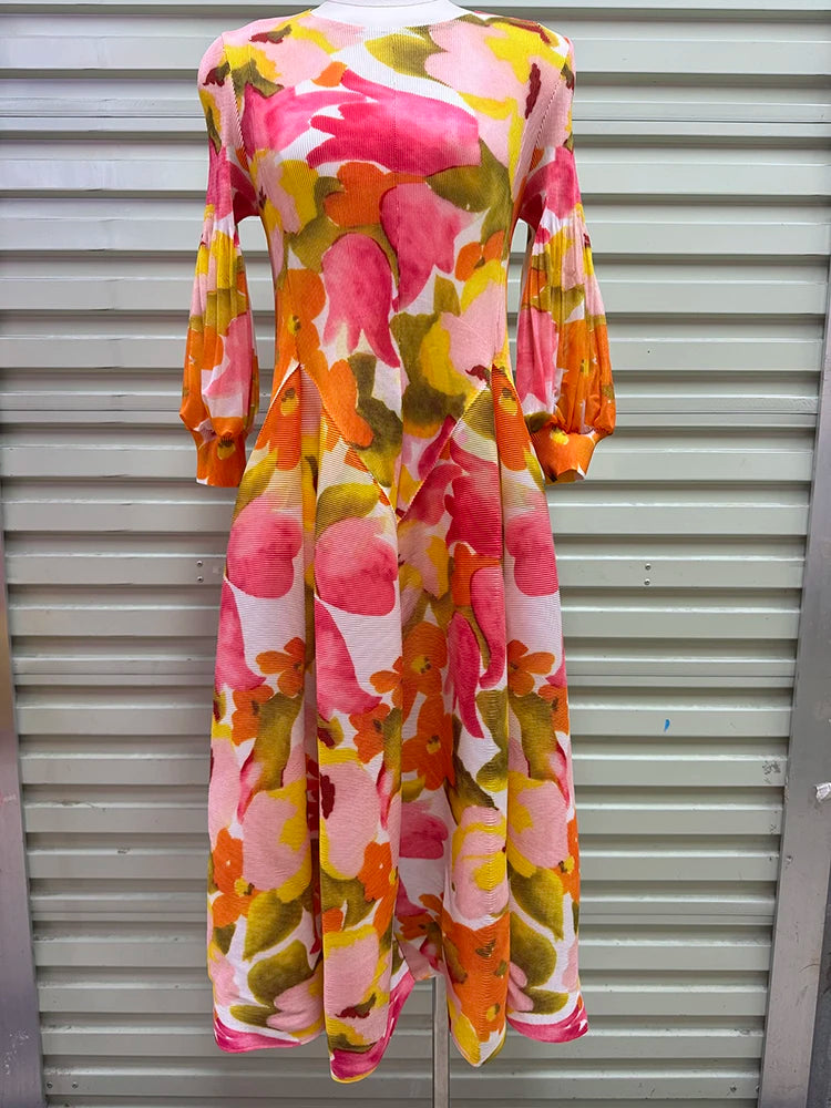 Hepburn-Style Pleated Printed Long Dress – Elastic Plus Size