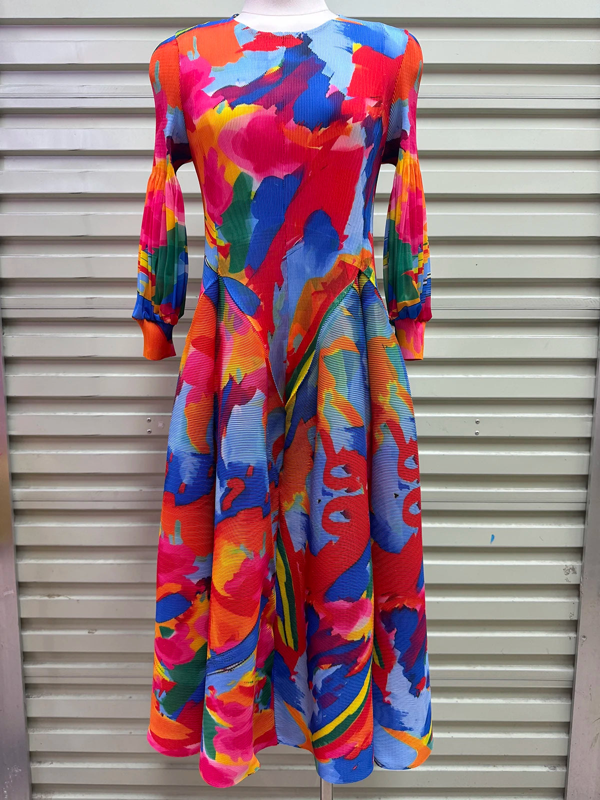 Hepburn-Style Pleated Printed Long Dress – Elastic Plus Size